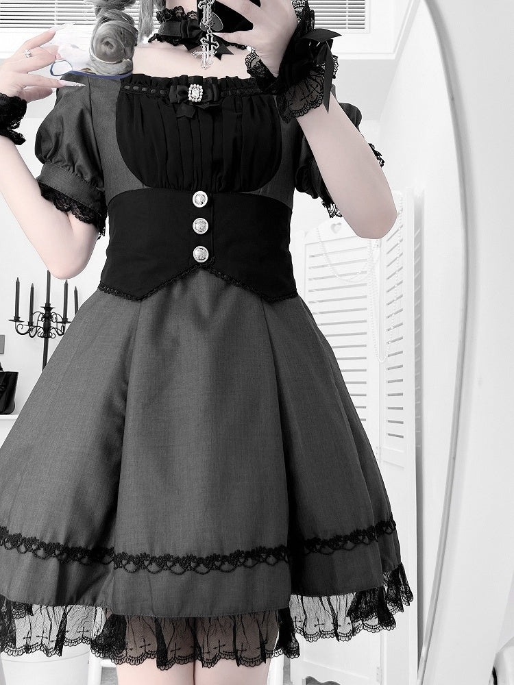 Korsett-Gürtel-Design-Puff-Set – Besatzärmel Kei und Kleid Grau Vollschwarze Spitze Jirai