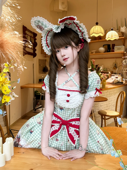 柄 ボンネット ギンガム ブラック グリーン ピンク 赤 耳 / うさぎ