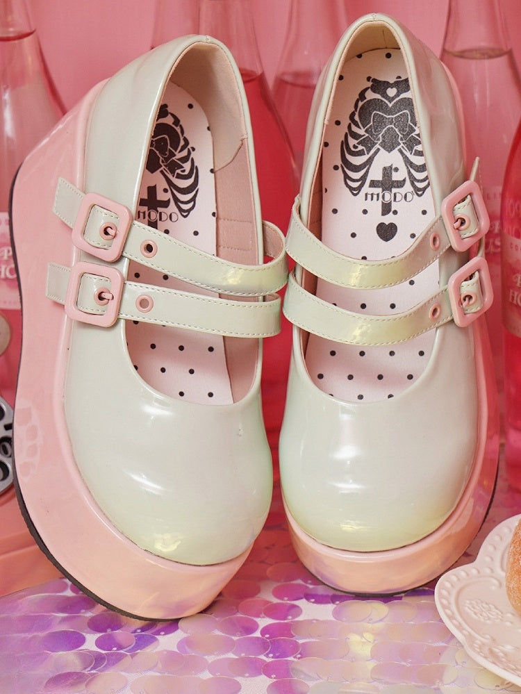 Leder PU Schnallen Süße Rosa Lolita Grüne Sohle Plattformen mit Keil