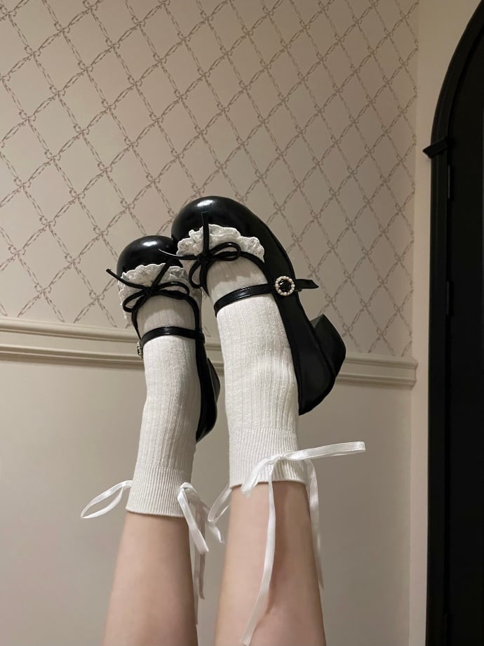 2.2CM/4.3CM Bow Janes Toe Mary Trim Knotted Round Lace Heels Black Accent
