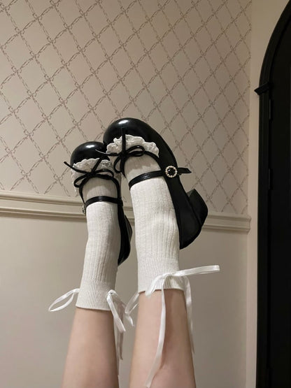 2,2 CM/4,3 CM Schleife Janes Toe Mary Trim Geknotete runde Spitzenabsätze Schwarzer Akzent