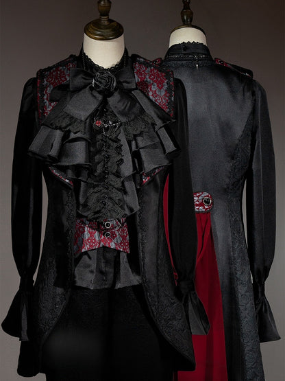 Black and Red Prince Outfit Ouji Lolita Full Set - Black Long Sleeves Shirt + Waistcoat + Black Pants