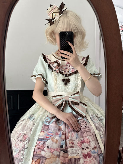 Print Lolita Coffee Overlay Green Puppy's Sweet House Detachable with Dress