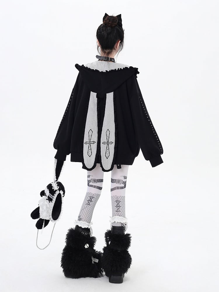 Black/Gray Ruffle Trim Zip-Up Hoodie with Bunny Ears and Sweetheart Applique