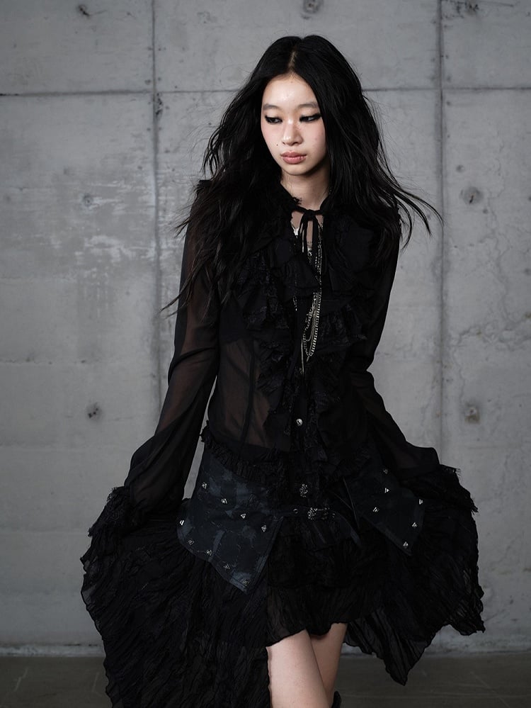 with Lace Tie-Neck Delicate Blouse Vintage Black Accents Princess