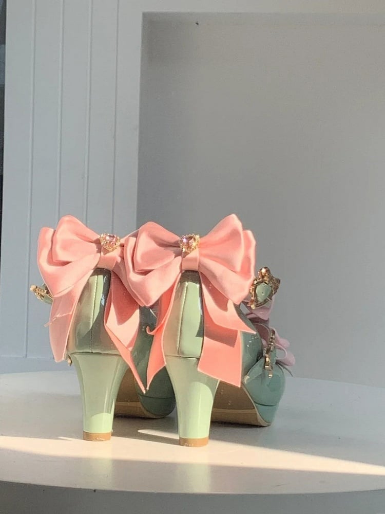 - Hime Snap Intricate Mary Fastener Pink Bow Lolita Details Janes High-heel Green Heart-shaped