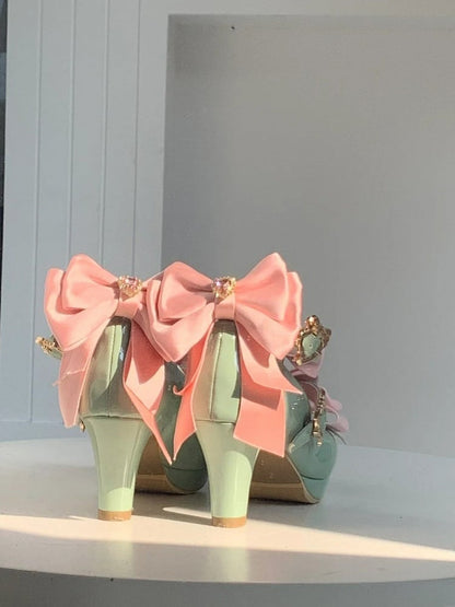- Hime Snap Intricate Mary Fastener Pink Bow Lolita Details Janes High-heel Green Heart-shaped