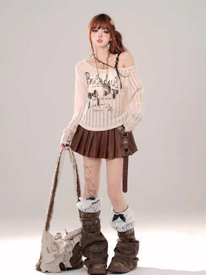 バックルプリーツストラップスカート ブラック/ブラウン