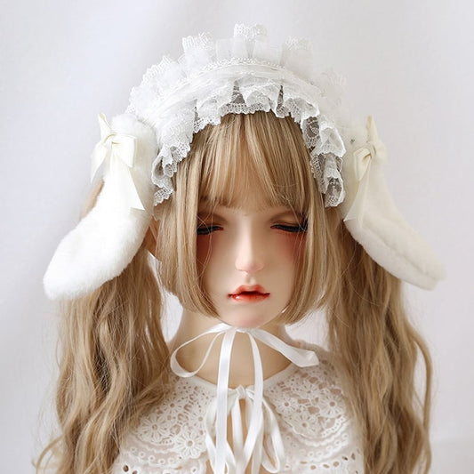 8 Colors Cute Lolita Lace Hairband With Detachable Bowknot And Plush Bunny Ears