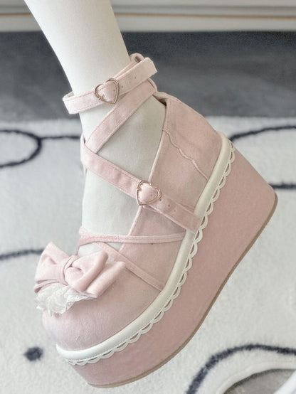 - Velvet Lolita Platforms Bow Pink Delicate Sweet Lace-Edged in