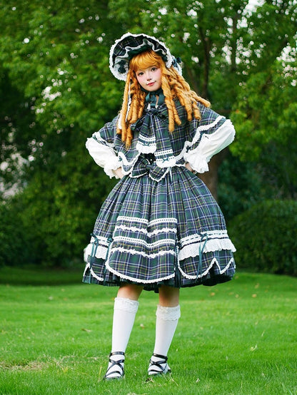 Green Plaid Bunny Ears and Cape Petal-like Trim Hooded with