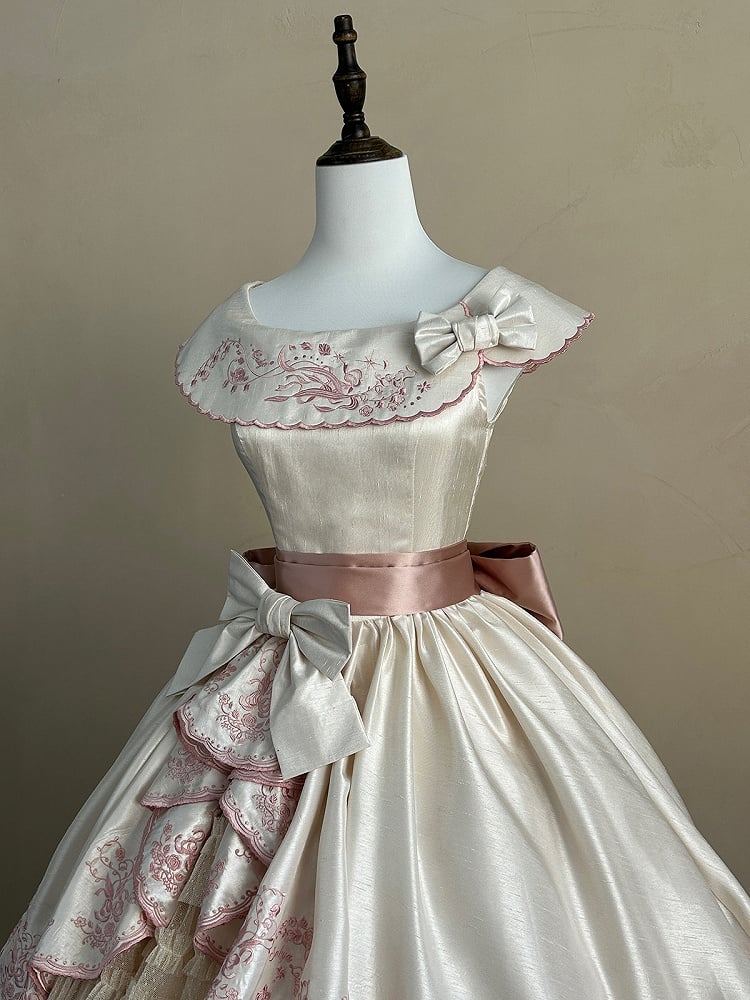 the Pink Lolita Embroidery Beige Classic with Elegant Valley of Lily Dress