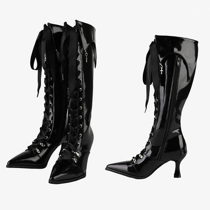 Cross Polished Design Gothic - Fold-Over Boots with Black Detachable Pointed Toe Cuff Charm Knee-High