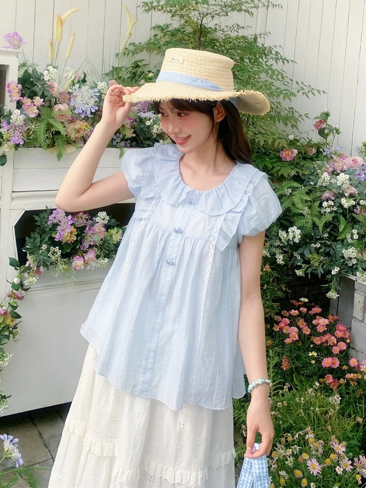 スイートライトブラウス ブルー ピーターパンカラー パフスリーブ