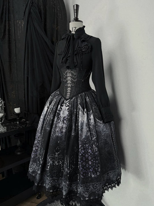 Gothic Print Skirt with Lolita and Elastic Waist Butterfly Ribs