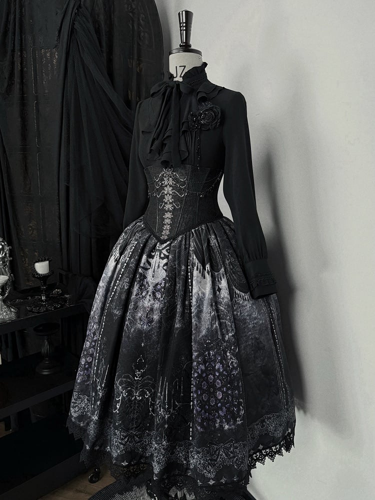 Jabot Sleeves with Details Shirt Long Collar Pleated Black