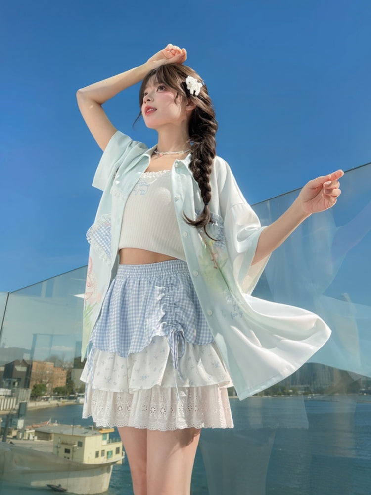 チェック柄アップリケ ラムプリント ライトグリーン シフォン レーストリム シャツ