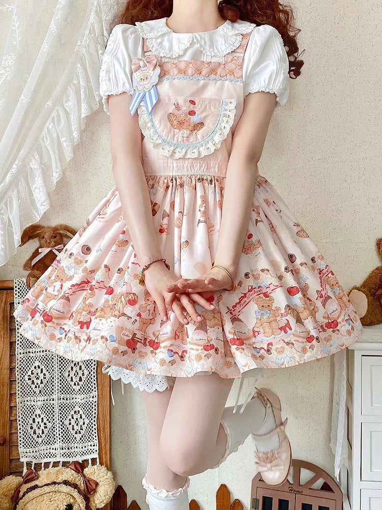 Beiges süßes Lolita-Overallkleid mit Teddybär und Dessert