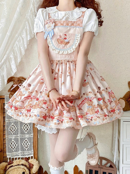 Beiges süßes Lolita-Overallkleid mit Teddybär und Dessert
