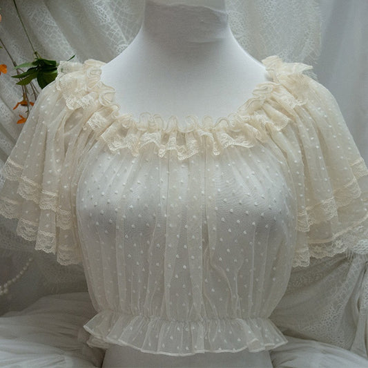 Apricot Polka-Dot Elegant Lolita Tulle Blouse with Flutter Sleeves - ZHIJINYUAN