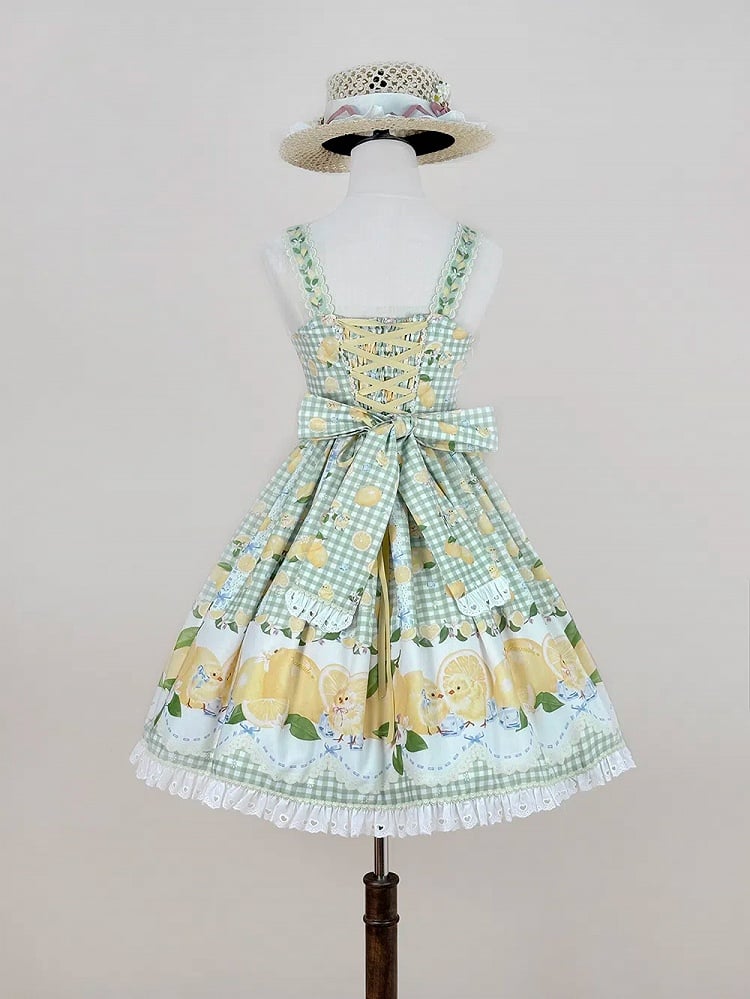 Chick Lolita Waist High Print Green Gingham and Lemon Dress Sweet