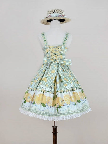Chick Lolita Waist High Print Green Gingham and Lemon Dress Sweet