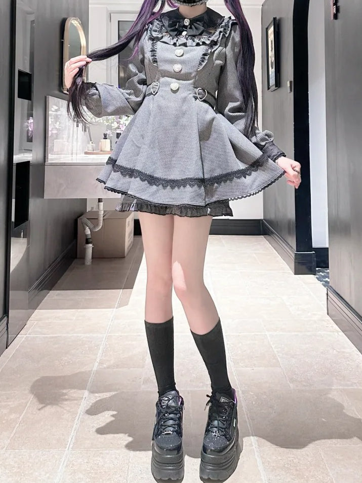 Mini Puff Detachable Collar Gray with Houndstooth Set Kei - Matching Jirai Dress Shorts Dark