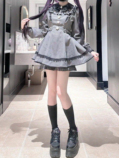Mini Puff Detachable Collar Gray with Houndstooth Set Kei - Matching Jirai Dress Shorts Dark
