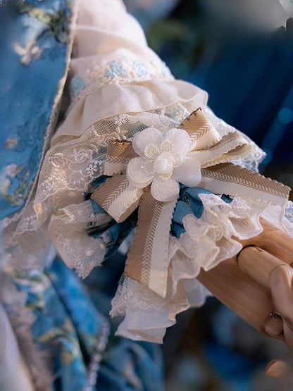 and Blue Bow Lace-Trimmed Flower with Wrist White Accents Lolita Cuffs