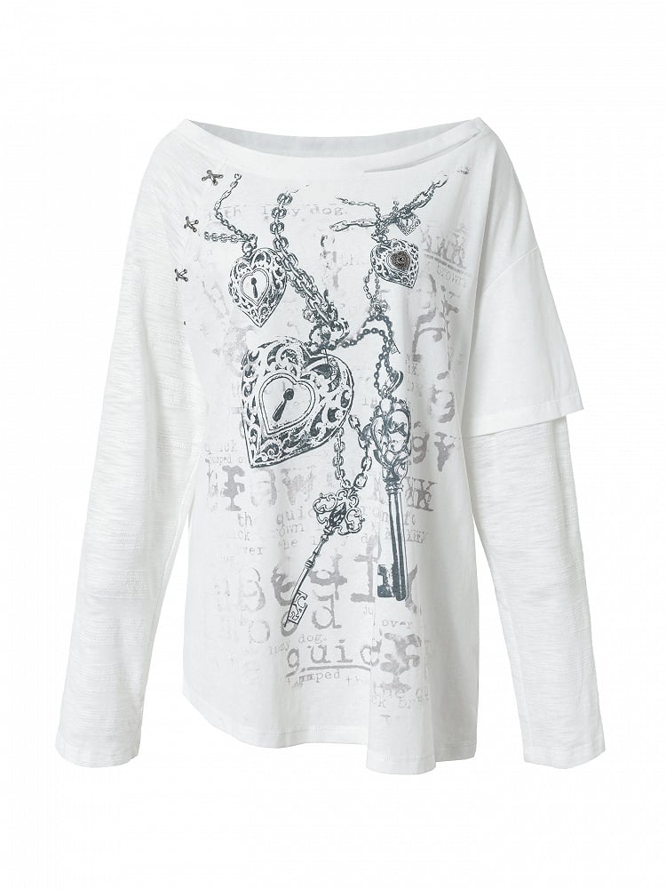 White Grunge Aesthetic Heart Off-Shoulder Print Stud Distressed Cross Punk with Top Details Charm Wasteland