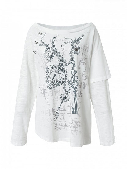 White Grunge Aesthetic Heart Off-Shoulder Print Stud Distressed Cross Punk with Top Details Charm Wasteland