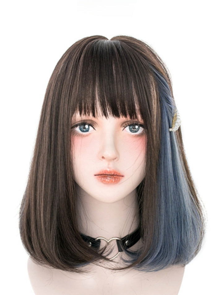 Schwarze und blaue Highlights, 40 cm, schulterlange Perücke mit Air Bangs