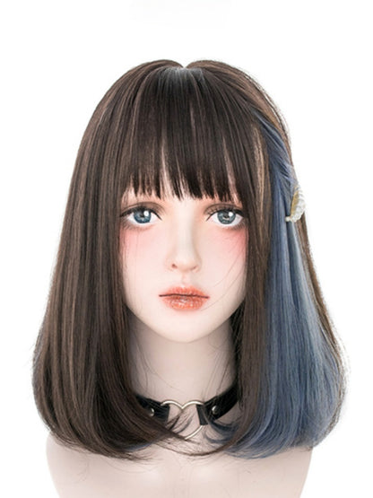 Schwarze und blaue Highlights, 40 cm, schulterlange Perücke mit Air Bangs