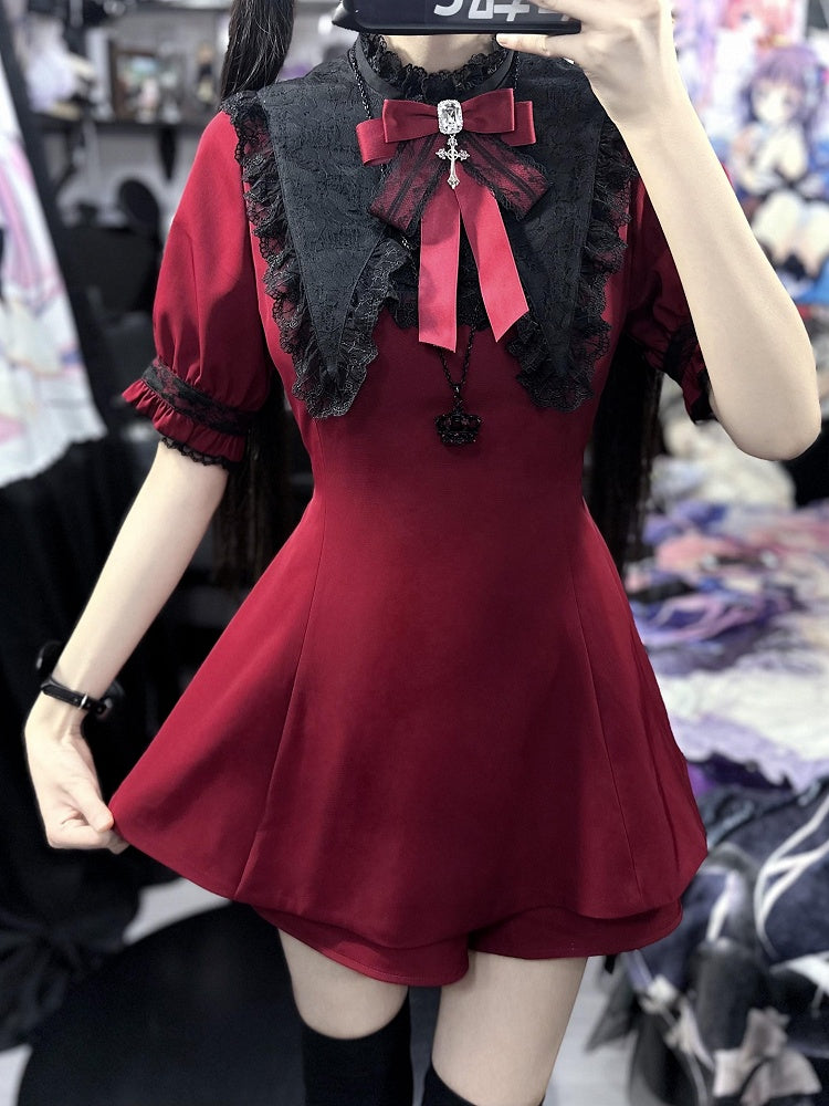Black Kei Top Lace Set- Tie Detachable Gothic Short Faux Sleeve + Pointed Full Jirai Bow Collar Red Cape Coord Shorts