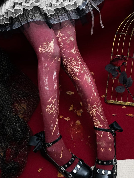 Asymmetrical Floral Design Print White/Blue/Red Tights Gothic