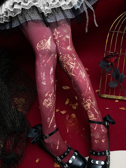 Floral Design Asymmetrical Print White/Blue/Red Gothic Tights