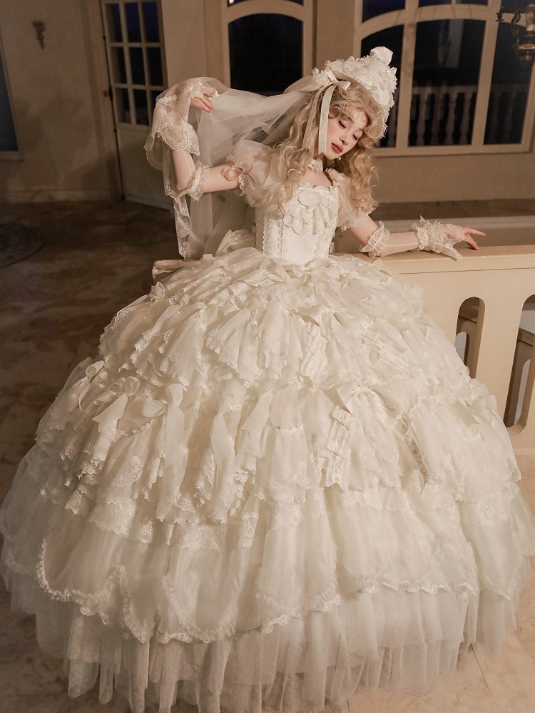 Lolita Hochzeitsschleifenkleid / Komplettes cremefarbenes Set mit weißen Hanayome-Akzenten, wunderschön