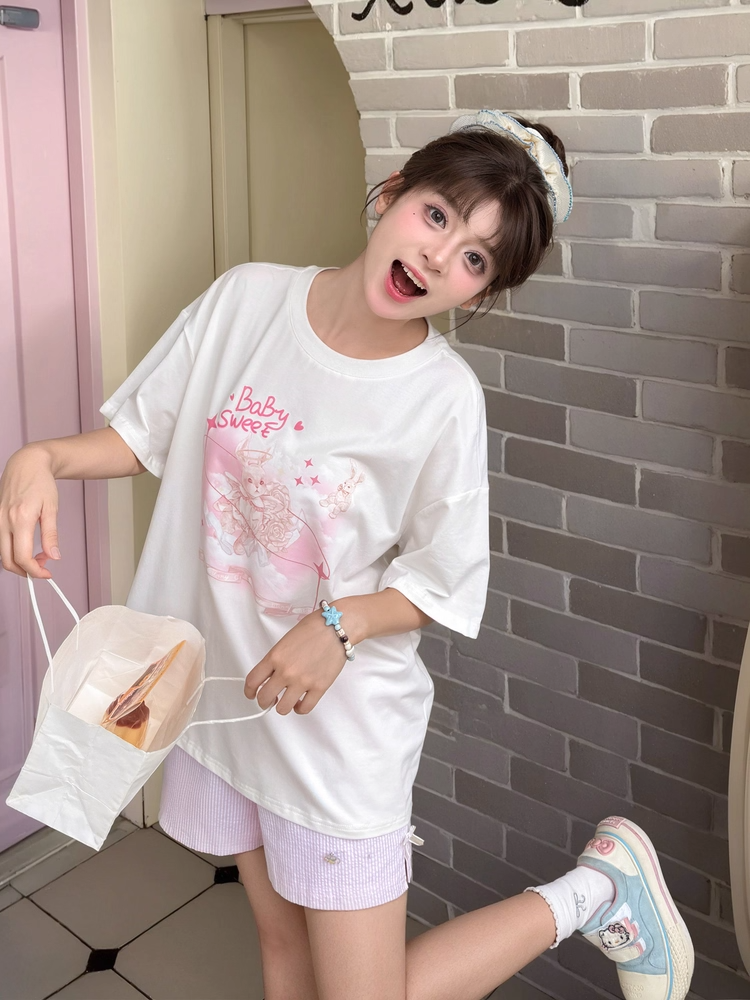Pink Bunny Print White Round Neck Loose Sweet T-shirt