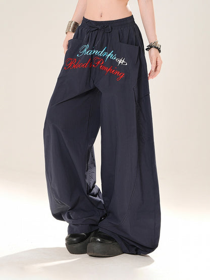 Navy Blue Drawstring Waist Letter Embroidery Wide-leg Casual Pants