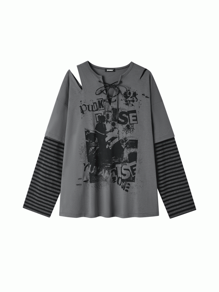 Crossed Graffiti with Top Cut-Out Gray Tie Punk Striped Sleeve V-Neck Shoulder