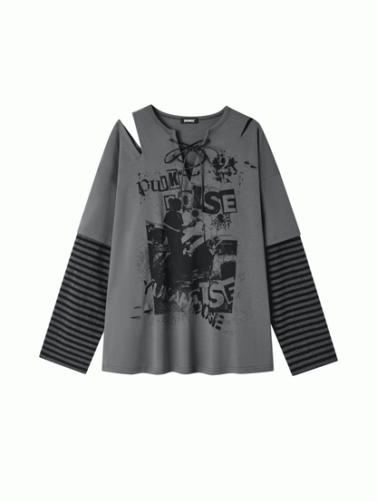 Crossed Graffiti with Top Cut-Out Gray Tie Punk Striped Sleeve V-Neck Shoulder