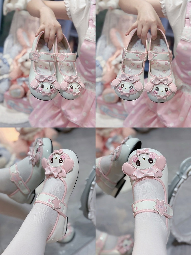 Lolita Bow Decor Toe Round - Flower Mary Accents Janes Sweet with Bunny Velcro Pink Theme