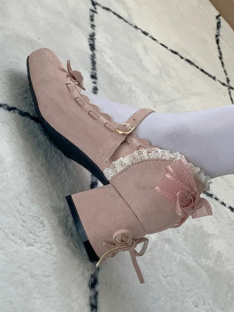 Mid - Toe Bow Lolita Pink Elegant for Square Heel Mary Janes Accent with