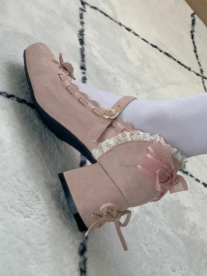 Mid - Toe Bow Lolita Pink Elegant for Square Heel Mary Janes Accent with