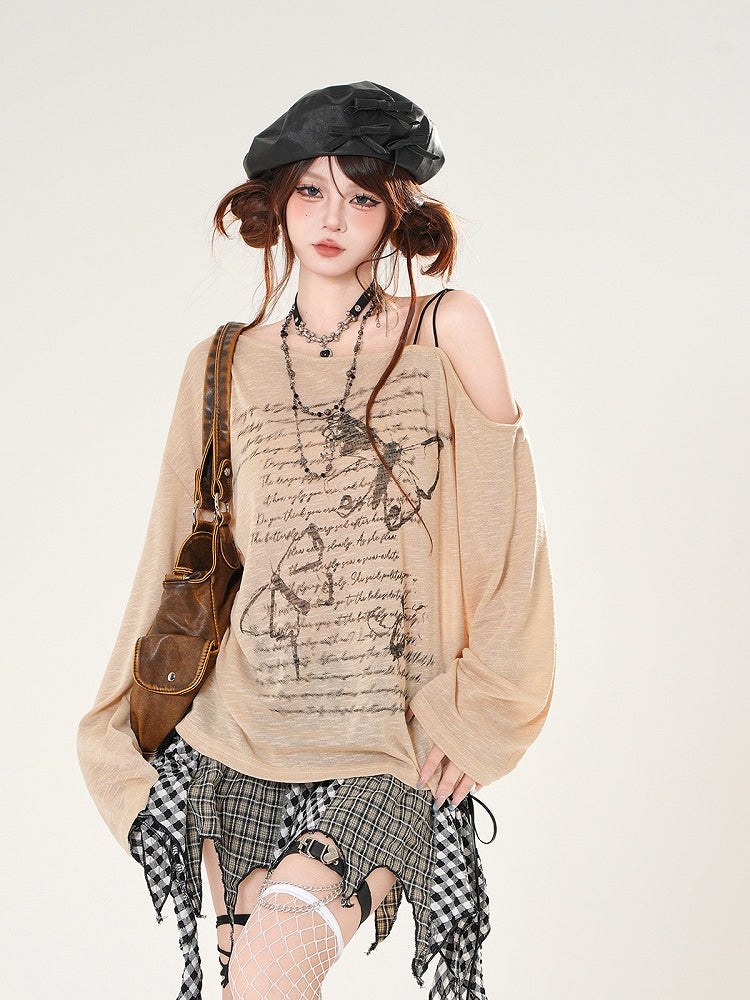 Butterfly Print Asymmetrical Neckline Khaki/White Coverup Semi-sheer