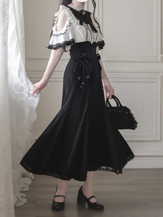 Lace Trim Black Waist Details Jirai at with Kei Lace-up Skirt Mermaid Side