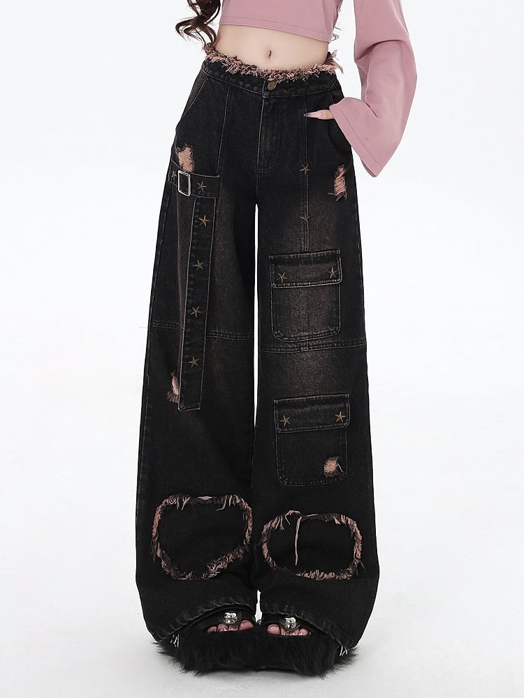 Schwarze Distressed Holes Y2K Weite Jeans