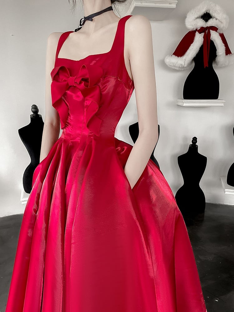 Rotes Weihnachts-Glanzkleid mit Schleife am Mieder, Heimkehrkleid