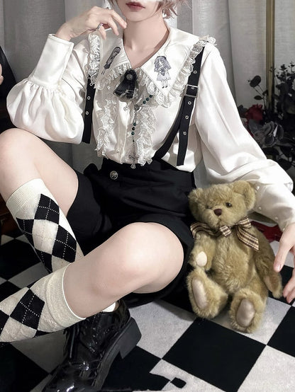 Weißes Ouji Lolita Doll Langarmhemd mit flachem Kragen