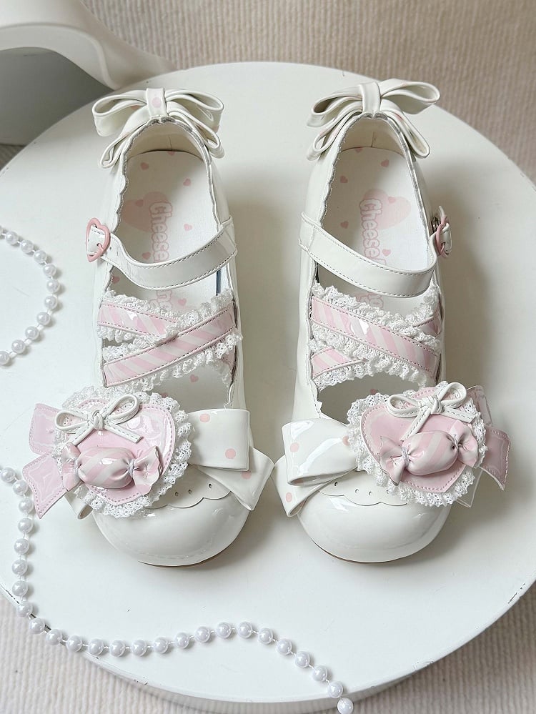 Lolita - Straps Heart Top Trim White Bow Ruffles Decor Candy Crisscross with Mary Sweet Pink Janes Shoe Clip
